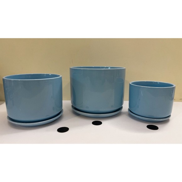 Ceramic Flower Succulent Planter Pots w/ Attached Saucer, Set of 3, Blue - Picture 3 of 10